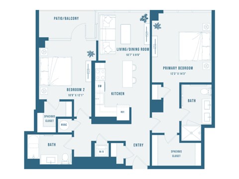 A floor plan of a house with a living room, dining room, kitchen, two bathrooms, two bedrooms, and a spacious closet.